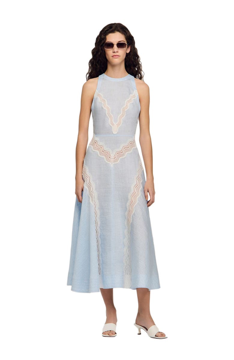 SANDRO Maxi dress with lace details, Alternate, color, Ciel / Blanc