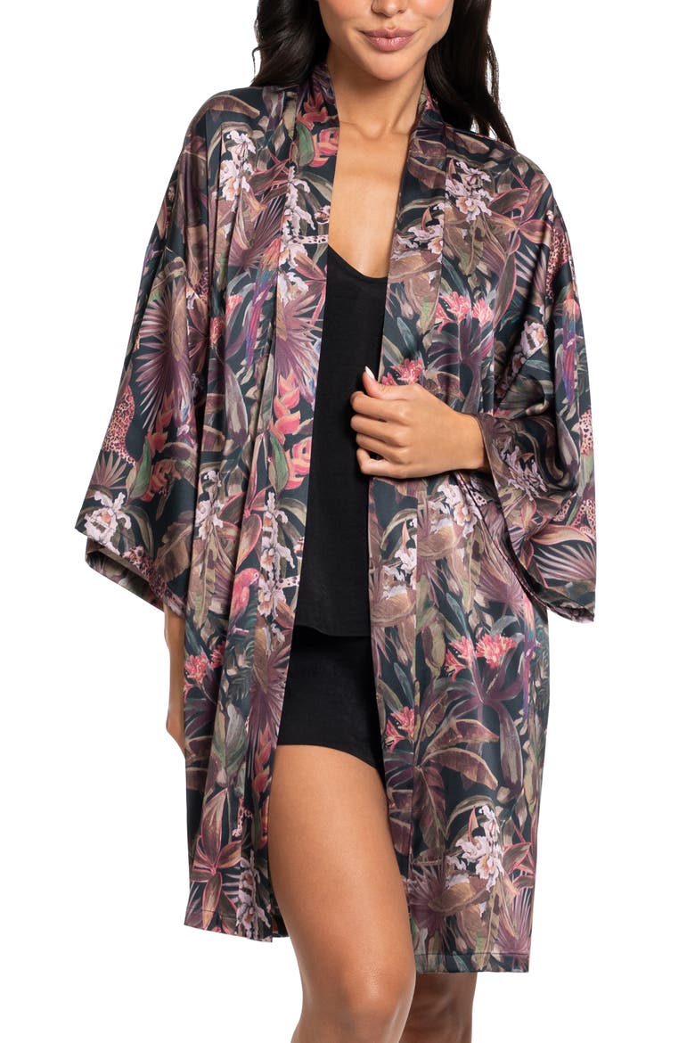 Print Satin Robe, Alternate, color, NAVY