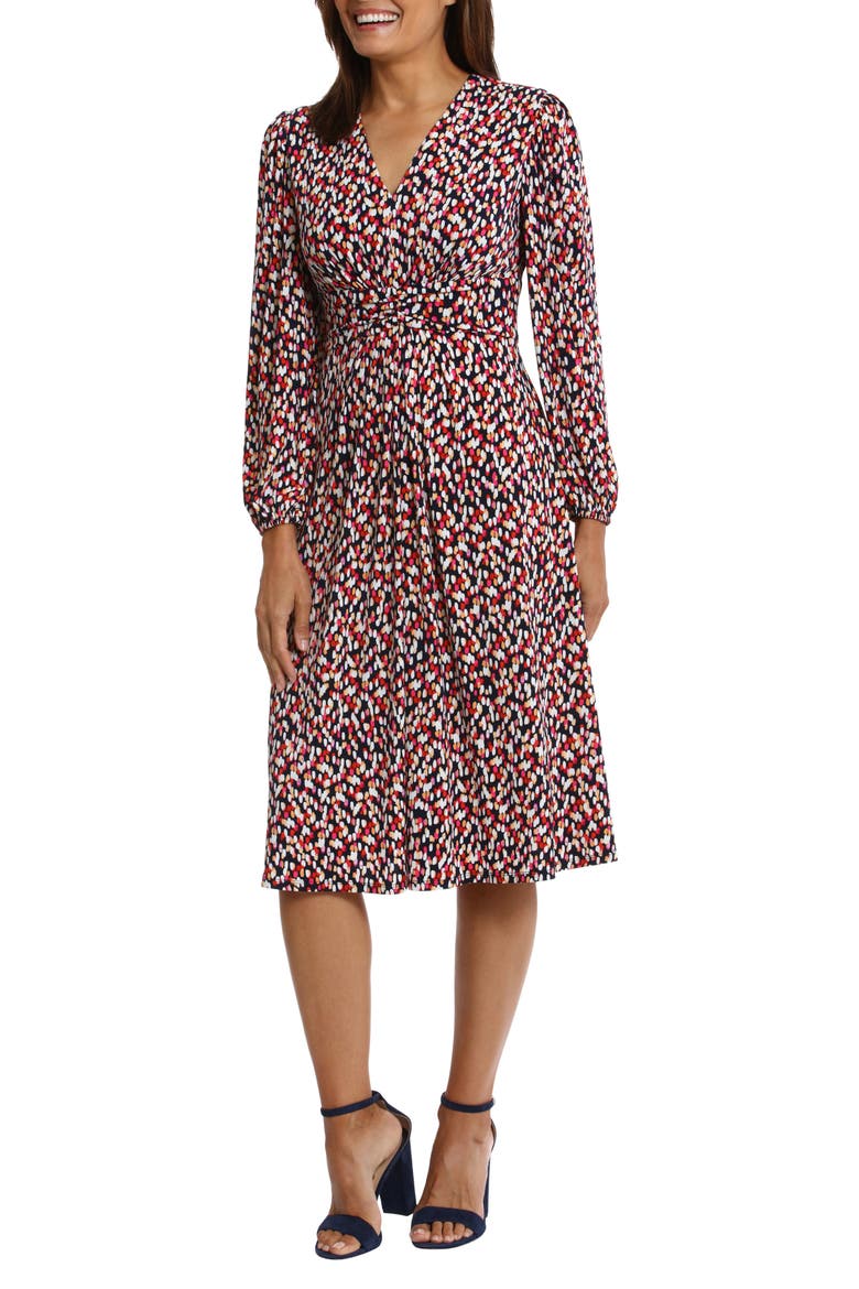Long Sleeve Ruched Empire Waist Midi Dress, Alternate, color, NAVY CORAL