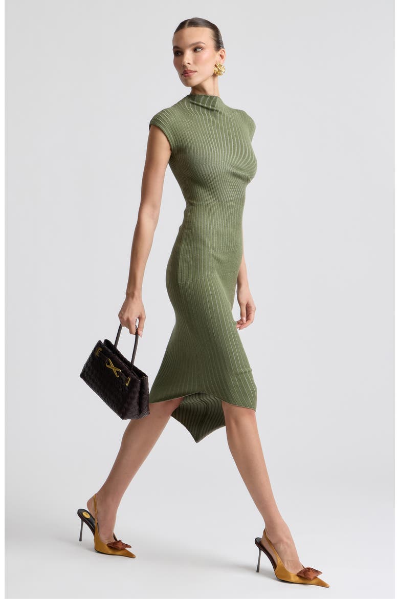 Radial Rib Asymmetric Hem Midi Dress, Alternate, color, OLIVE MULTI