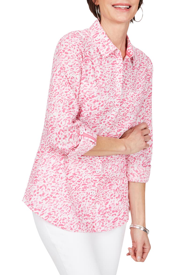 Zoey Leopard Print Seersucker Shirt, Main, color, PINK TROPIC