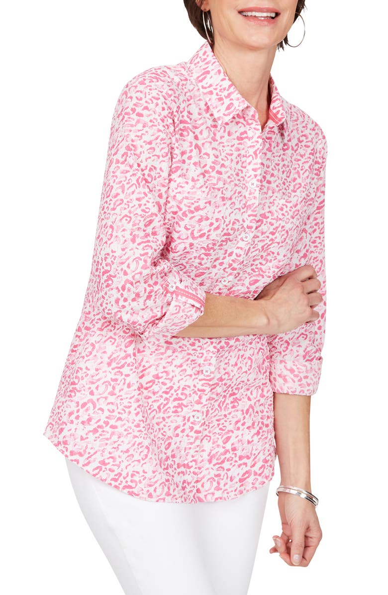 Foxcroft Zoey Leopard Print Seersucker Shirt, Main, color,