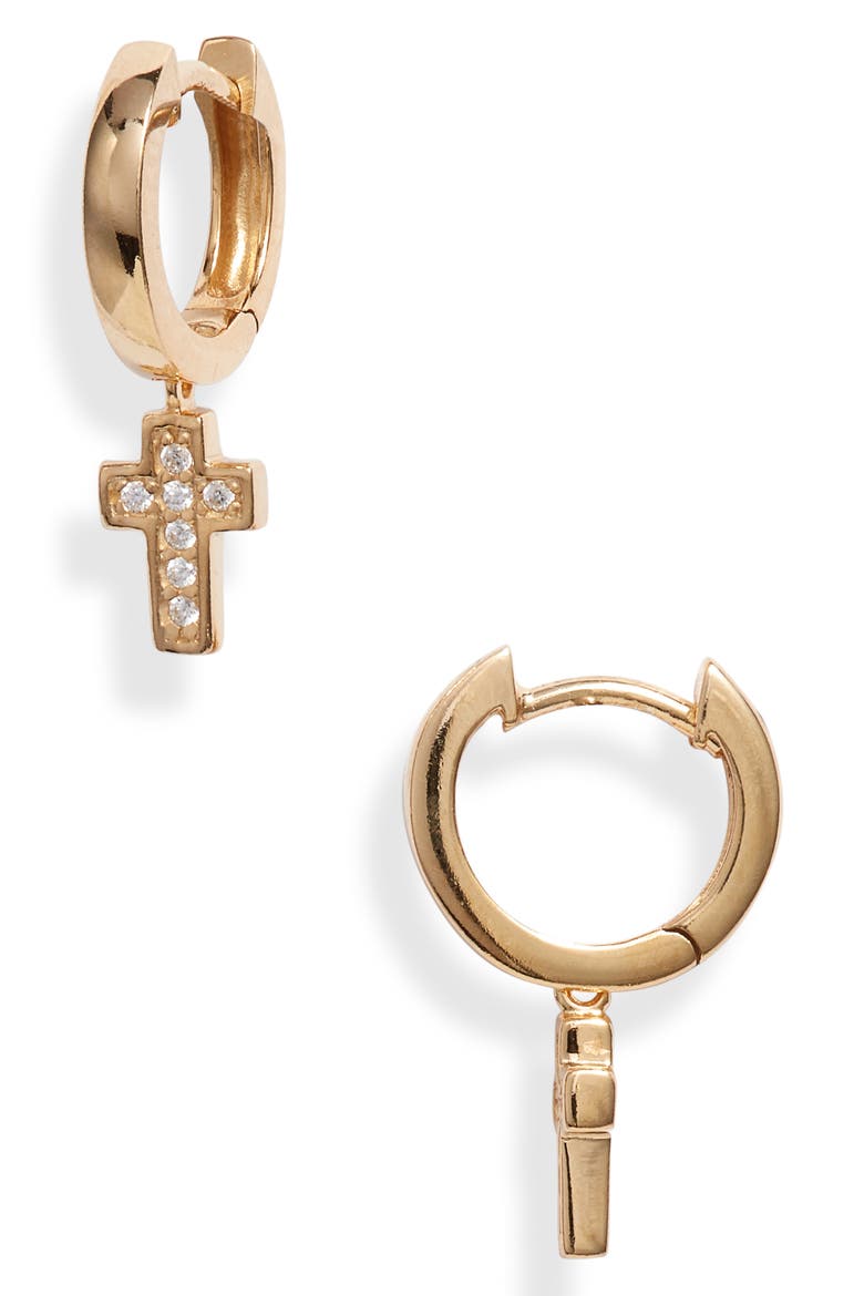 Argento Vivo Pavé Cross Huggie Hoop Earrings, Main, color, GOLD
