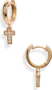 Argento Vivo Sterling Silver Argento Vivo Pavé Cross Huggie Hoop Earrings