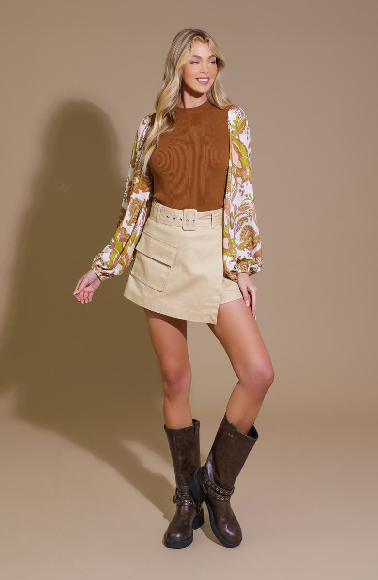 FLYING TOMATO Mixed Media Crewneck Sweater, Alternate, color, Camel Ivory