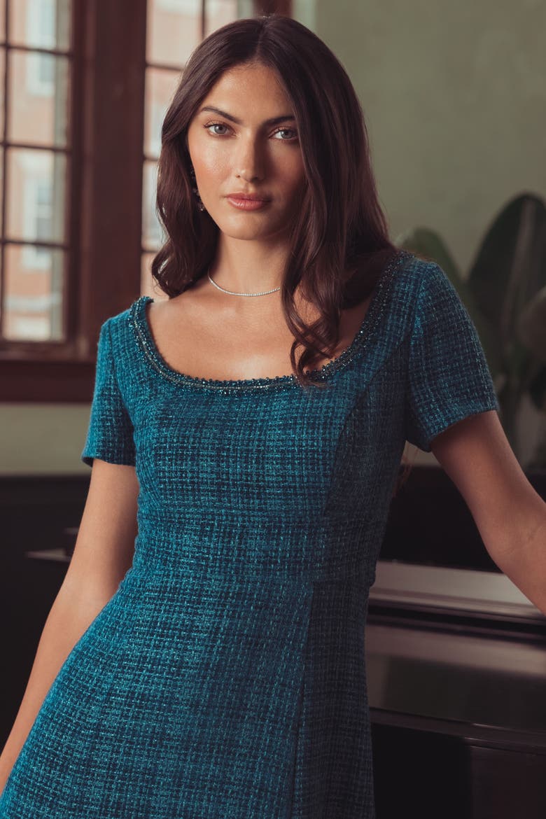 Embellished Bouclé Short Sleeve Midi Dress, Alternate, color, Teal