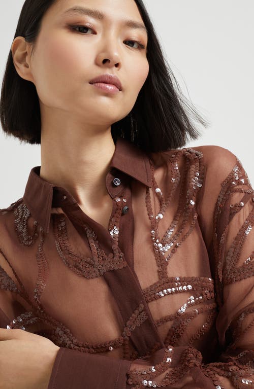 Brunello Cucinelli Burgundy Crispy Silk Dazzling Floral Embroidery Shirt In Brown