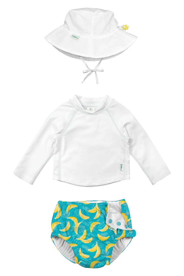 Bucket Sun Hat, Long Sleeve Rashguard & Reusable Swim Diaper Set, Main, color, AQUA