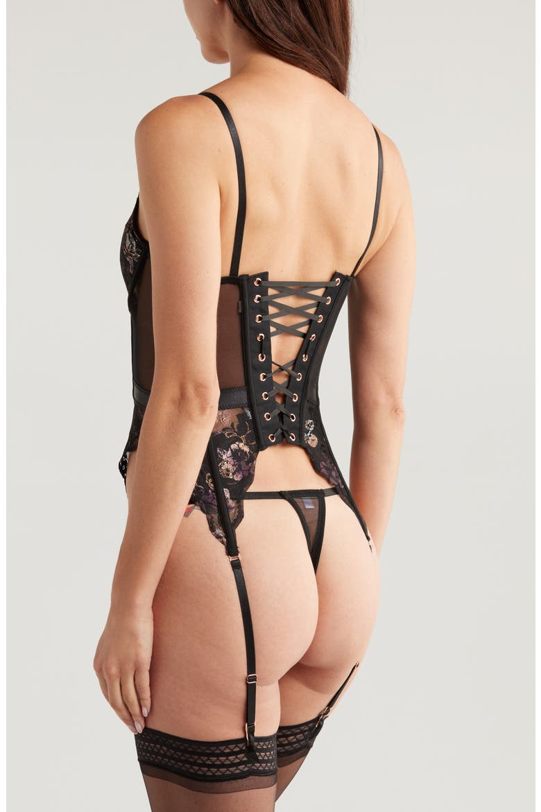 Zip-Up Underwire Bustier & Thong Set, Alternate, color, BLACK