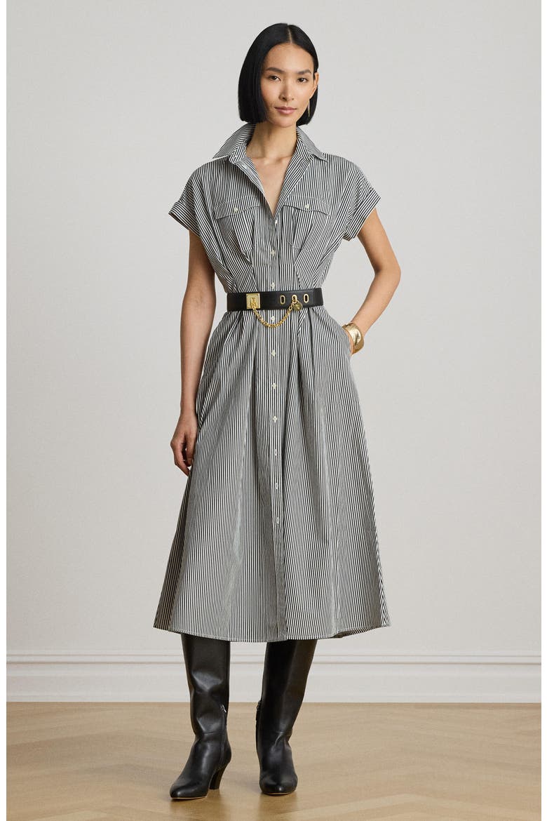 Striped Pleated Broadcloth Midi Shirtdress, Alternate, color, BLACK/ WHITE