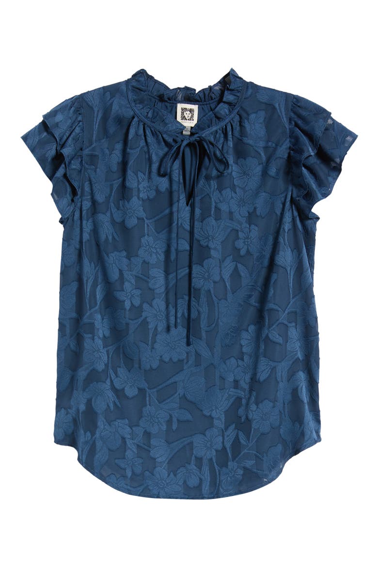 Ruffle Tie Neck Top, Alternate, color, BLUE CARBON
