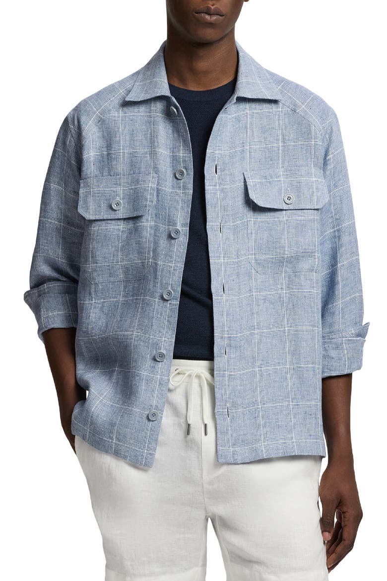 Windowpane Plaid Linen Button-Up Shirt, Main, color, BLUE