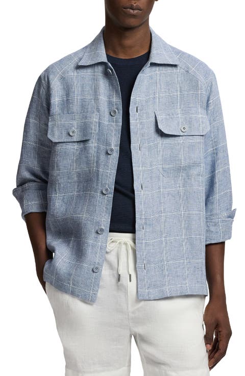 Windowpane Plaid Linen Button-Up Shirt