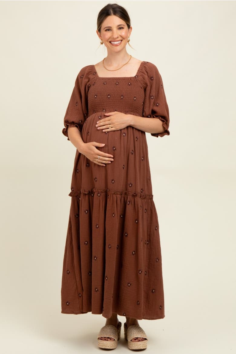 Floral Smocked Puff Sleeve Maxi Dress, Main, color, Brown