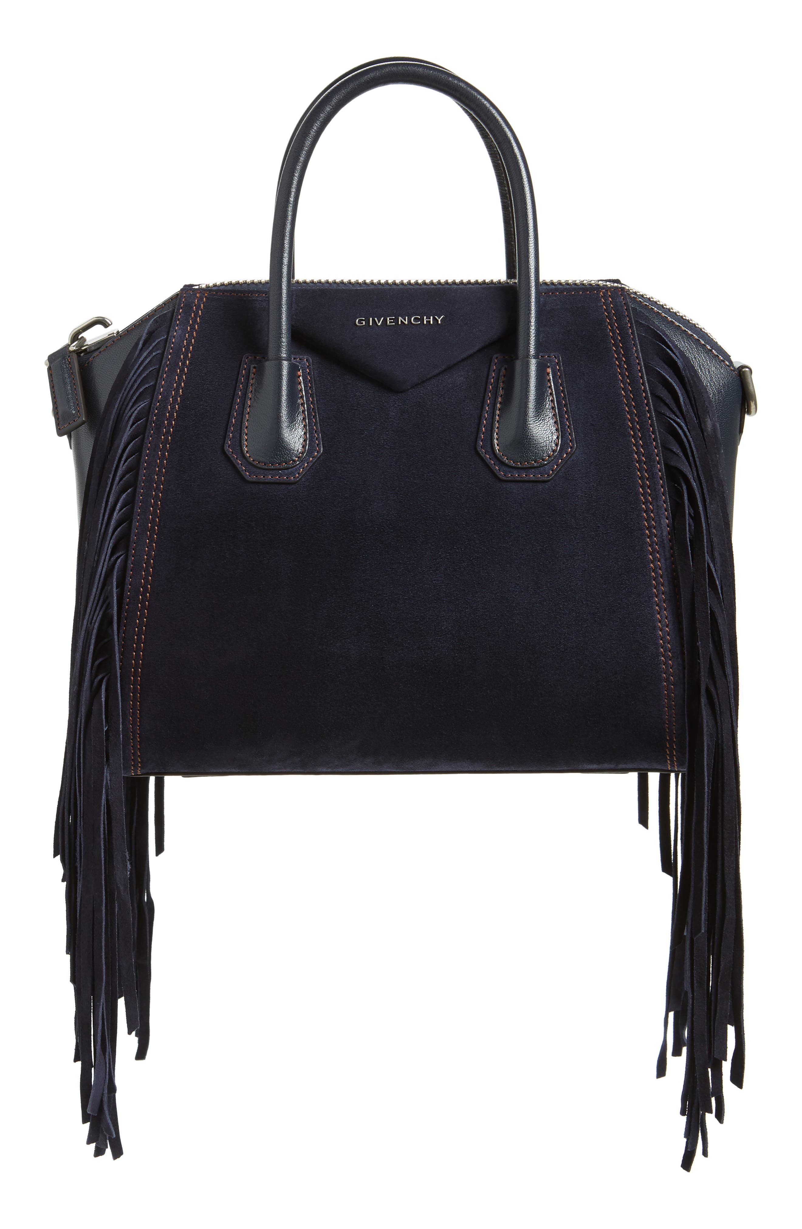 Small Antigona Fringe Embellished Suede Satchel, Main, color, DARK BLUE