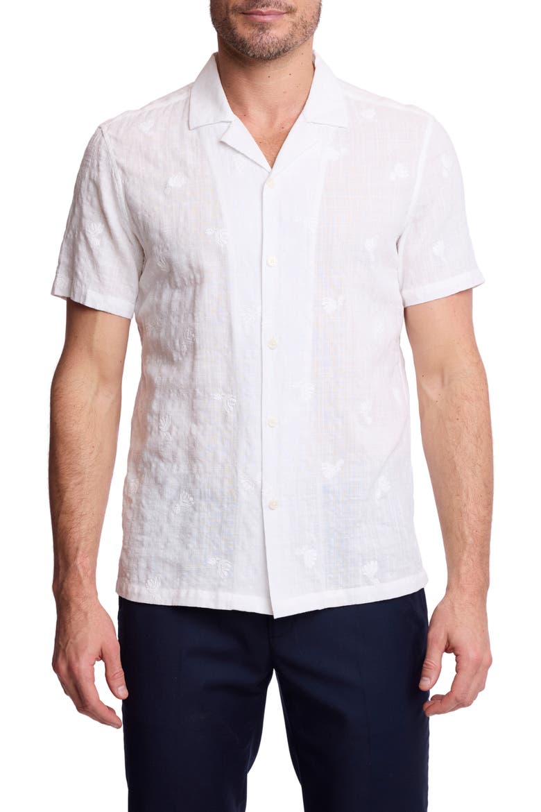 Embroidered Cotton Blend Camp Shirt, Main, color, WHITE EMBROIDERED FLOWERS