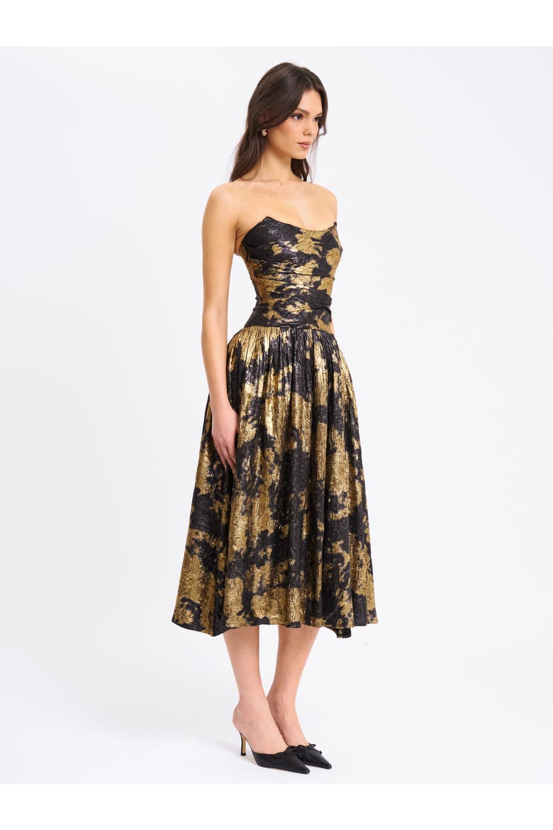 Saanvi Strapless Drop Waist Midi Dress, Alternate, color, Gold Bronzing Tie-Dye