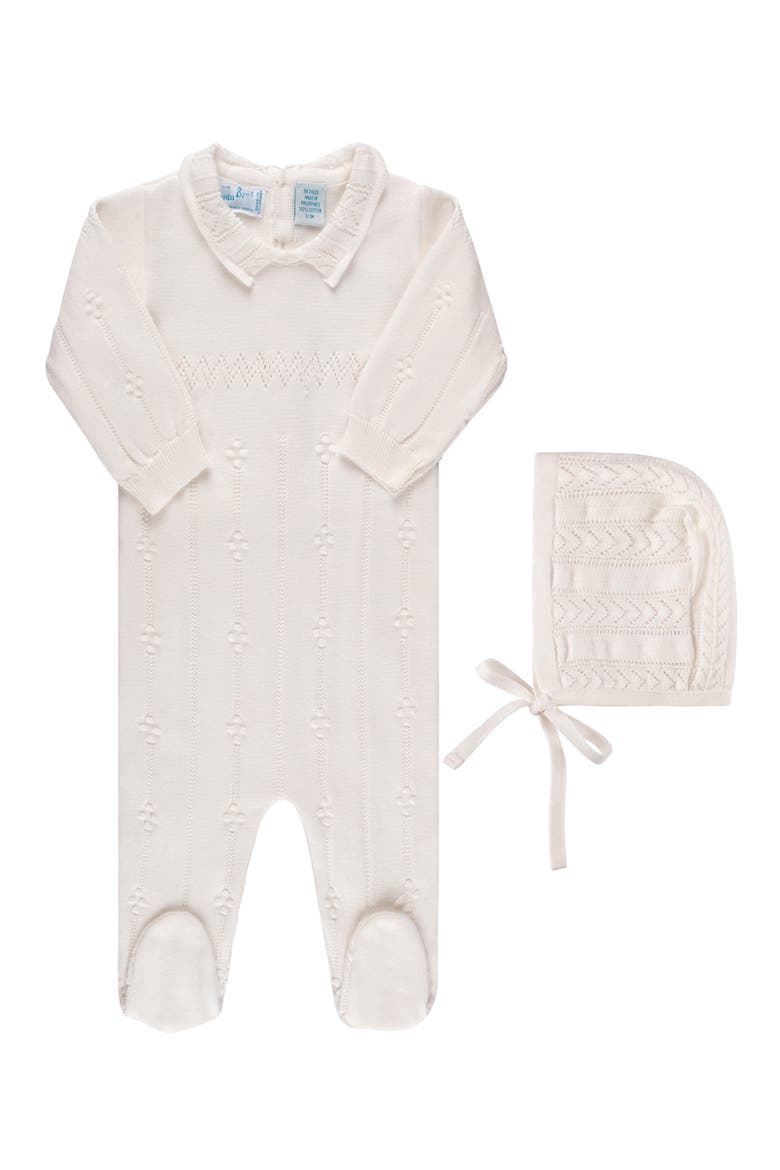 Pompom Pointelle Stitch Footie & Hat, Main, color, IVORY