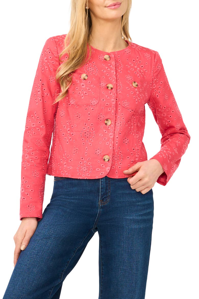 Eyelet Crop Jacket, Main, color, CLARET RED