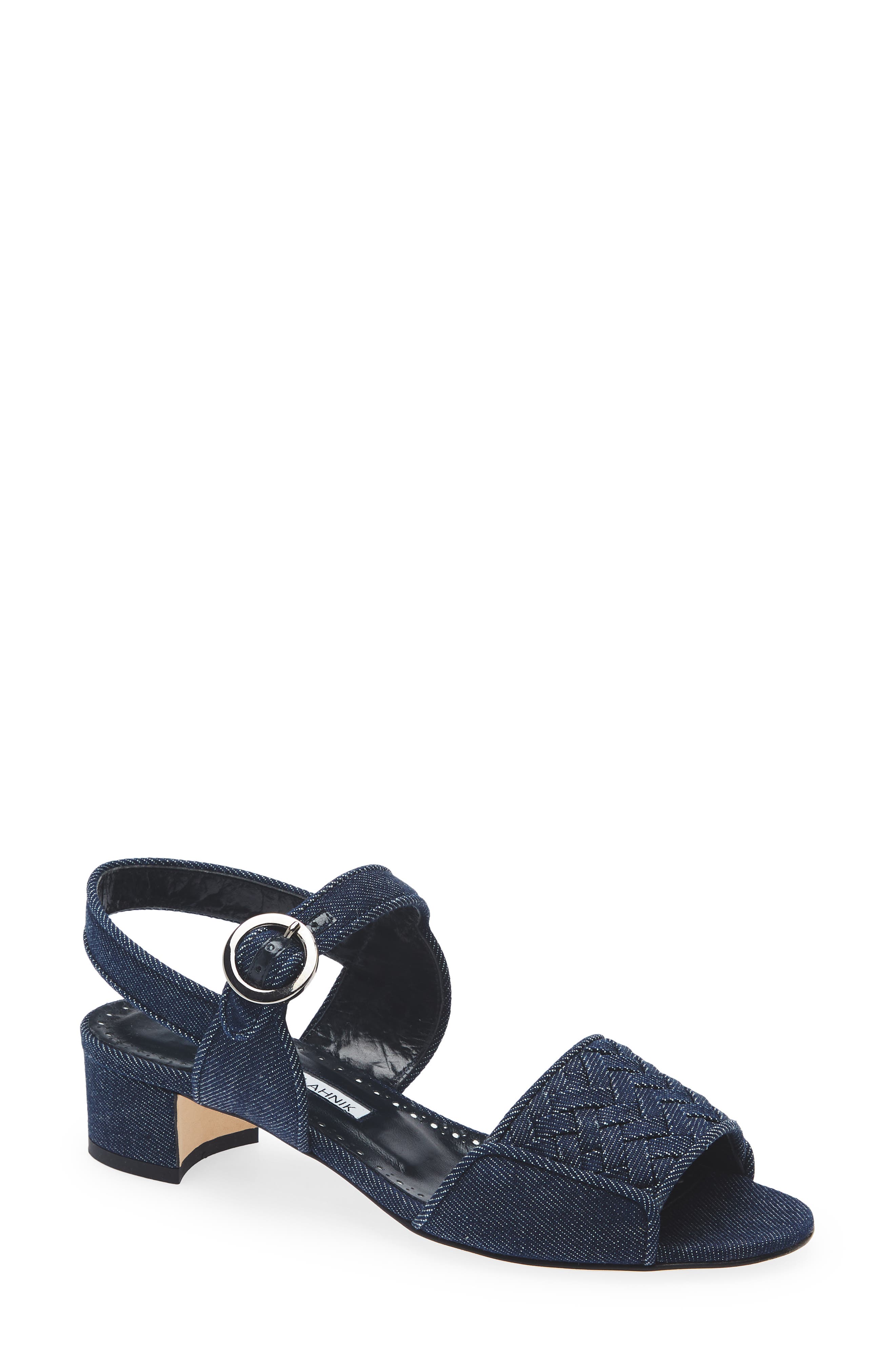 Manolo Blahnik Vibius Block Heel Slingback Sandal, Main, color, Dark Blue Chambray