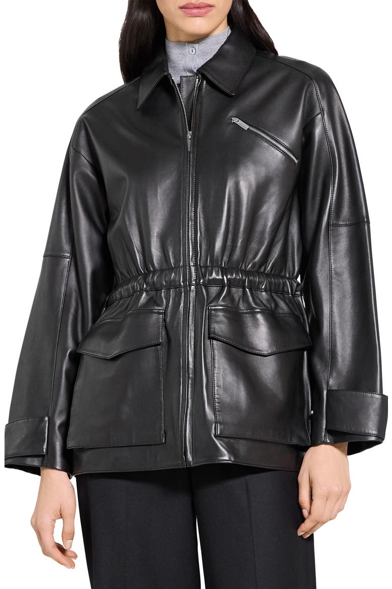Cinch Waist Leather Jacket, Main, color, BLACK