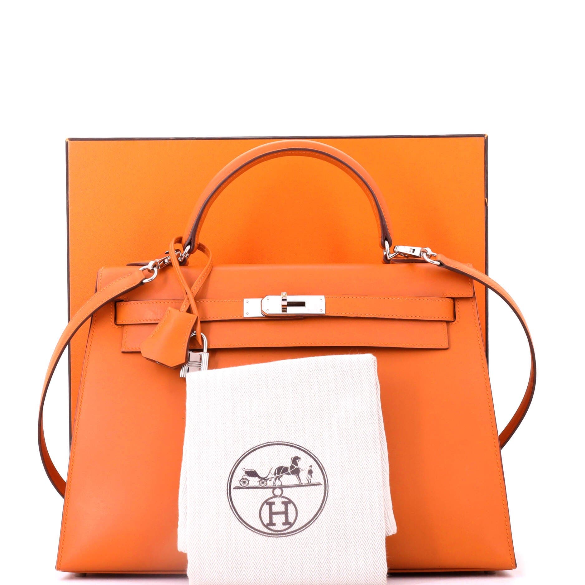Pre-Owned Hermes Kelly Handbag Orange Box Calf with Palladium Hardware 32, Alternate, color, Orange H