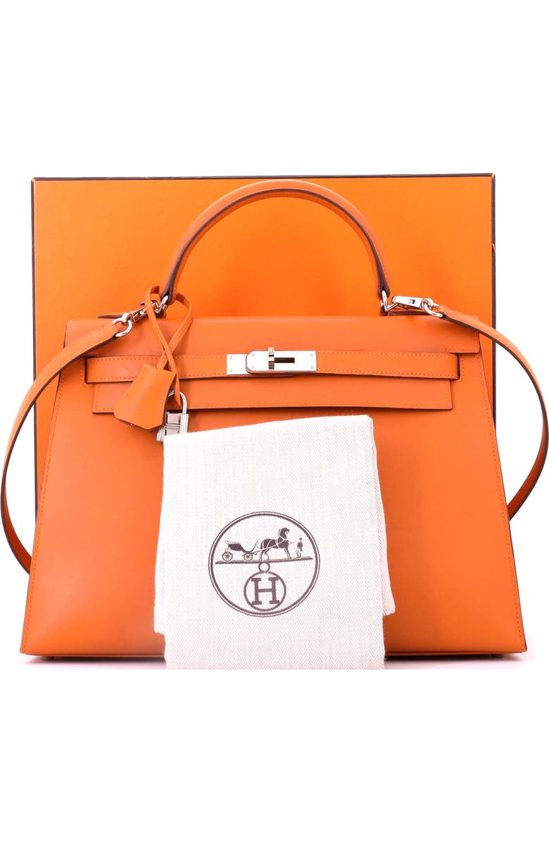 Pre-Owned Hermes Kelly Handbag Orange Box Calf with Palladium Hardware 32, Alternate, color, Orange H