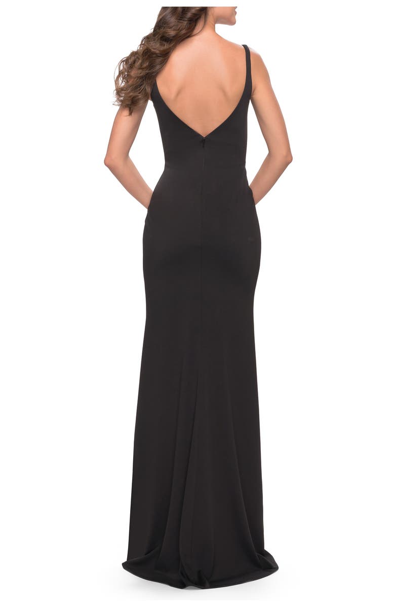 La Femme Simple Chic Long Jersey Gown with Square Neckline, Alternate, color, Black