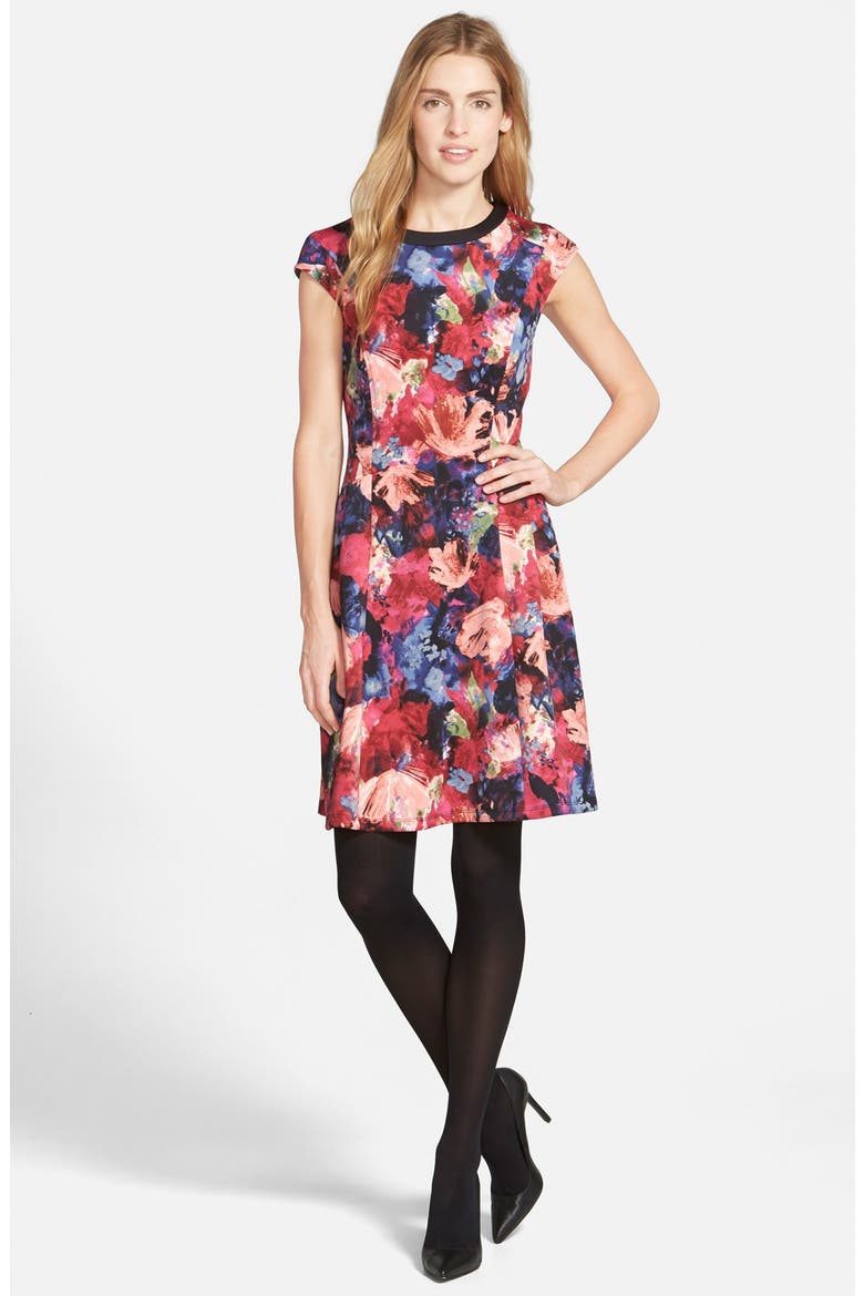 Floral Print Scuba Fit & Flare Dress, Alternate, color, BLACK/ POPPY