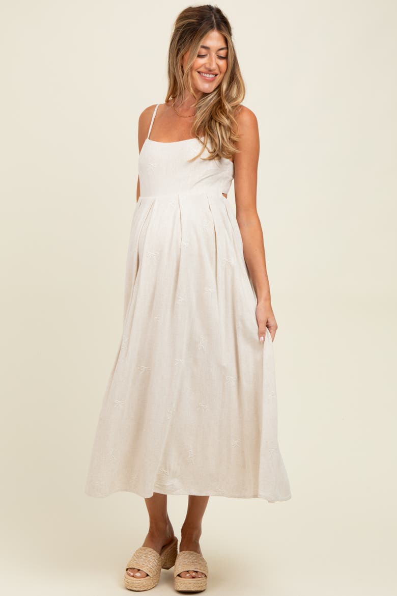 Linen Ribbon Pattern Embroidered Midi Dress, Alternate, color, Beige