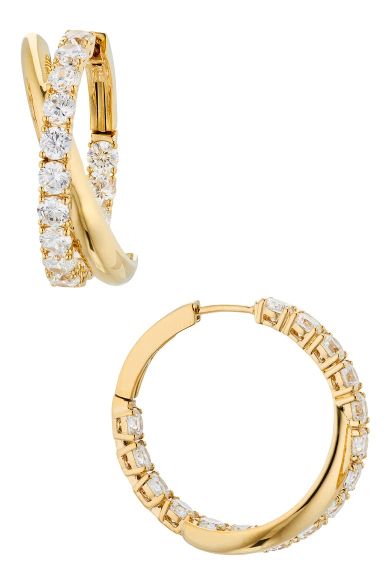 Twilight Cubic Zirconia Crossover Hoop Earrings, Main, color, GOLD