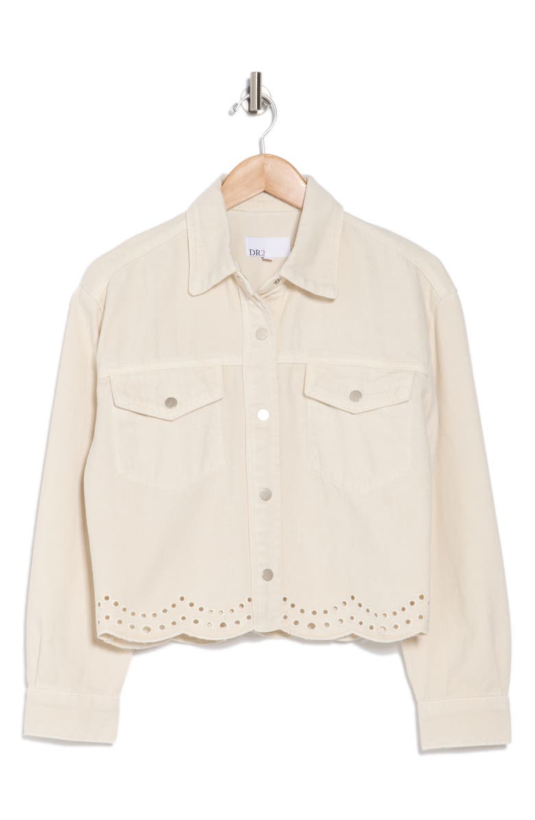 Daniel Rainn Embroidered Eyelet Scallop Crop Denim Jacket, Alternate, color, 