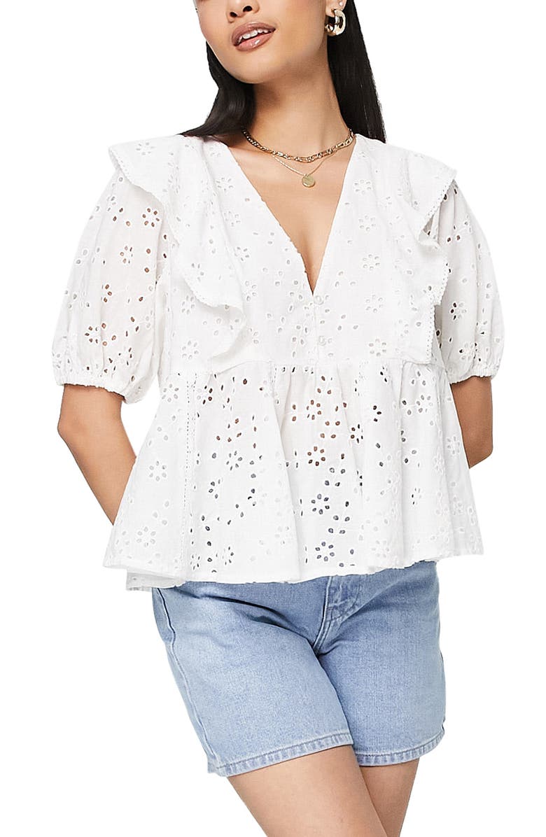 Topshop Peplum Frill Eyelet Blouse, Main, color,