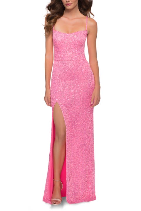 Neon Sequin Prom Dress with Square Neckline