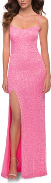 La Femme Neon Sequin Prom Dress with Square Neckline