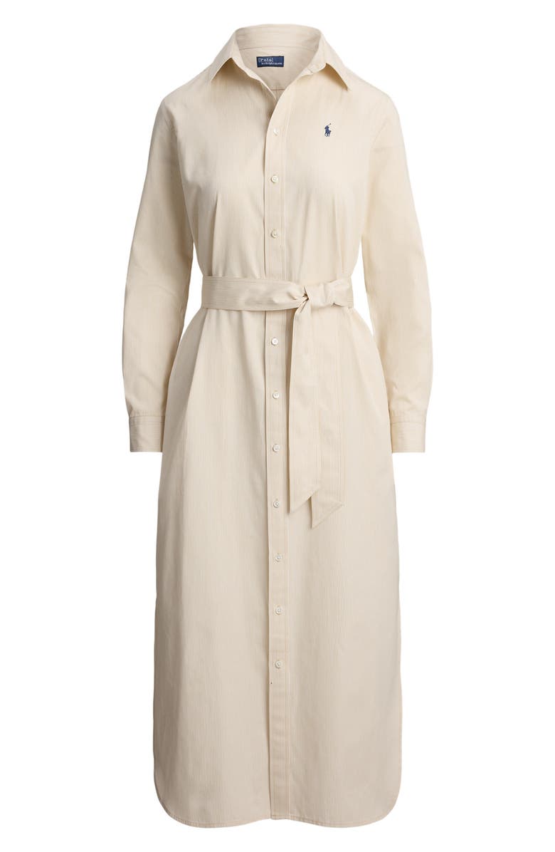 Polo Ralph Lauren Tie Waist Long Sleeve Maxi Shirtdress, Alternate, color, Polo Tan-White