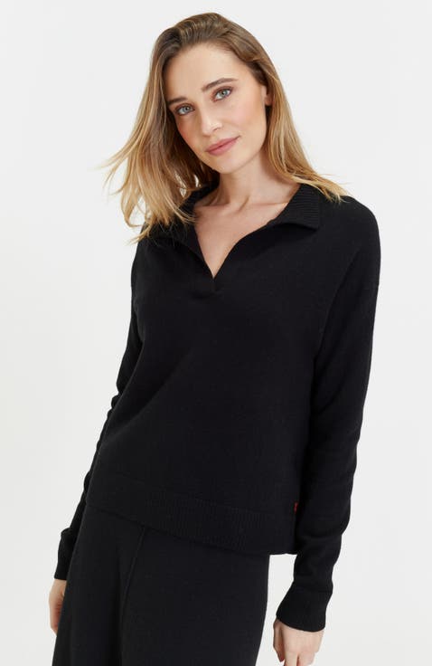 Wool Cashmere Blend V Neck Collared Sweater