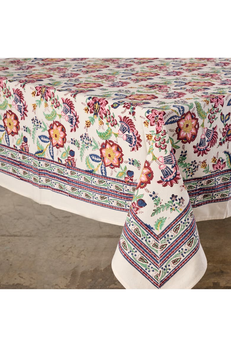Zaina Floral Blockprint Tablecloth, Main, color, Beige