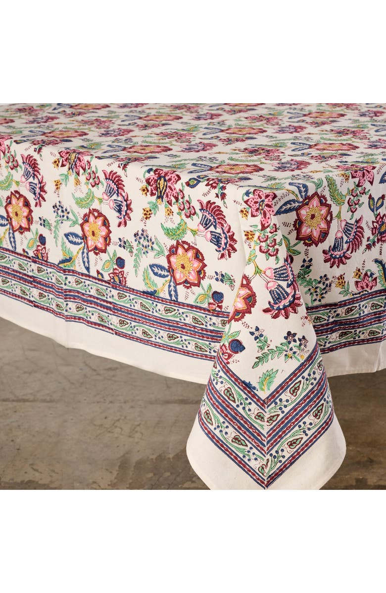 Ten Thousand Villages Zaina Floral Blockprint Tablecloth, Main, color, Beige