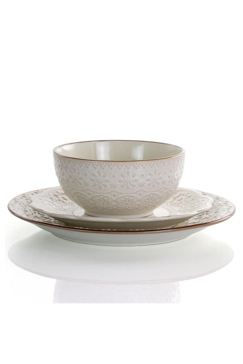 Contessa 16 Piece Embossed Scalloped Stoneware Dinnerware Set, Alternate, color, White