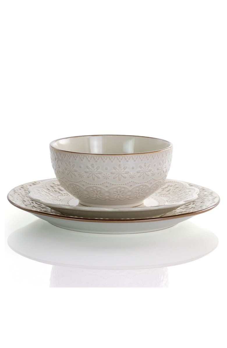 Elama Contessa 16 Piece Embossed Scalloped Stoneware Dinnerware Set, Alternate, color, White