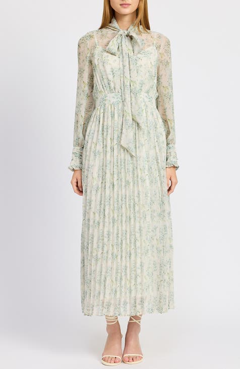 Printed Tie Neck Long Sleeve Dress