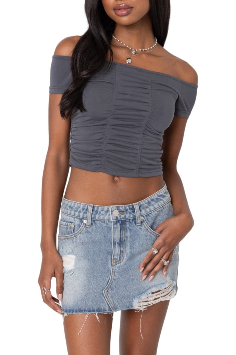 Off the Shoulder Ruched Crop Top, Main, color, DARK-GRAY