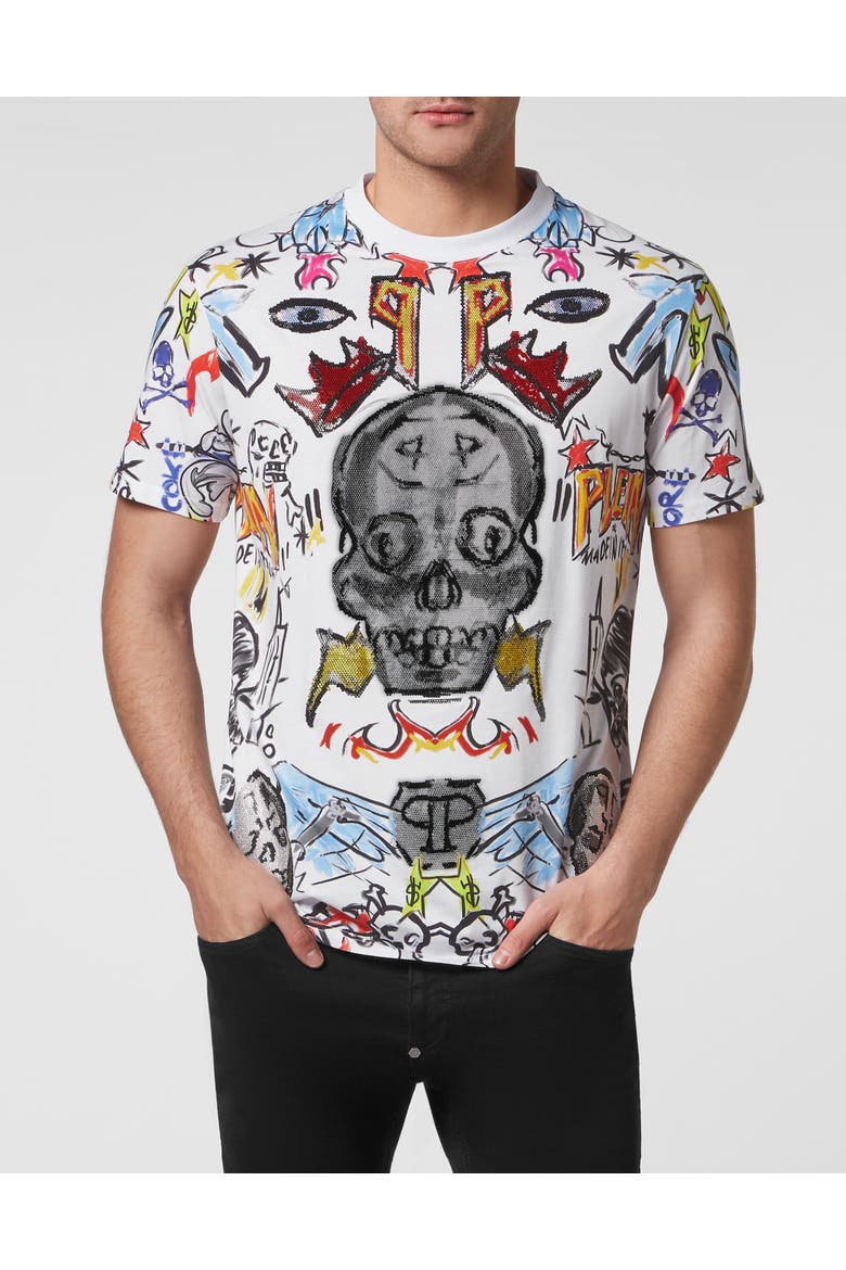 T-Shirt Round Neck Ss With Crystals Luxe Men, Main, color, white/multicolored