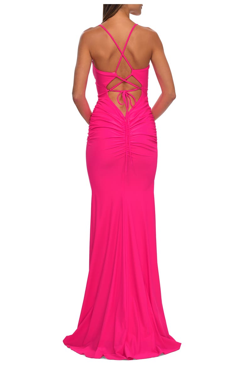 La Femme Simple Jersey Dress with Low Open Back and Ruched Zipper, Alternate, color, Neon Pink