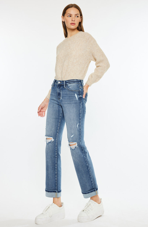 Kancan Carrie Mid Rise True Straight Leg Jeans In Medium Wash