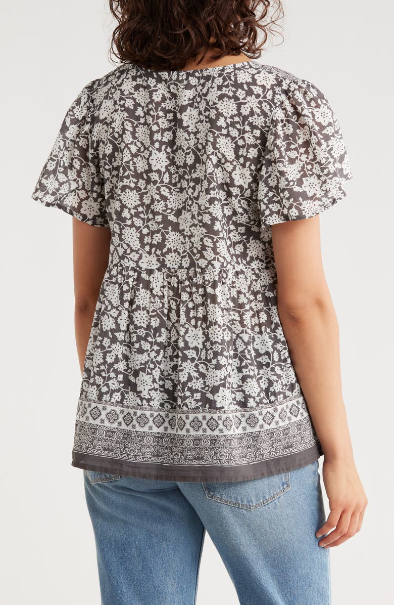 Lucky Brand Mix Floral Print Flutter Sleeve Cotton Top, Alternate, color, Black Combo