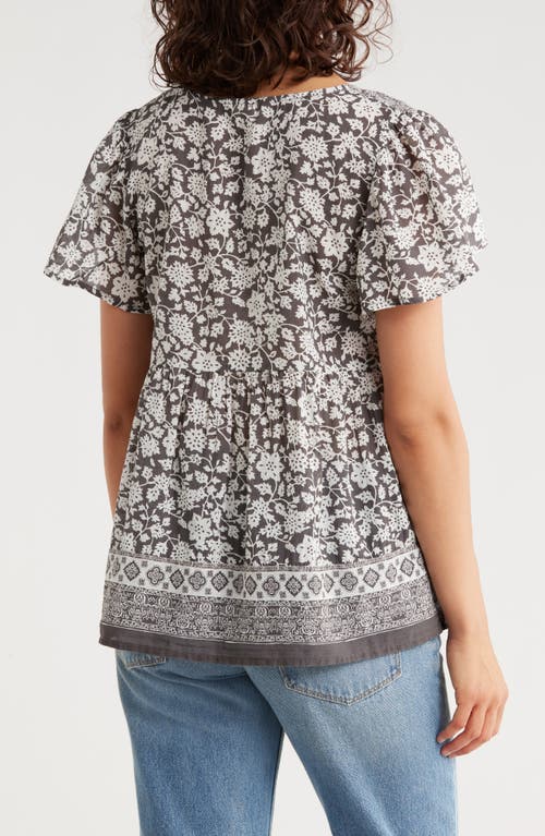 Lucky Brand Mix Floral Print Flutter Sleeve Cotton Top In Gray