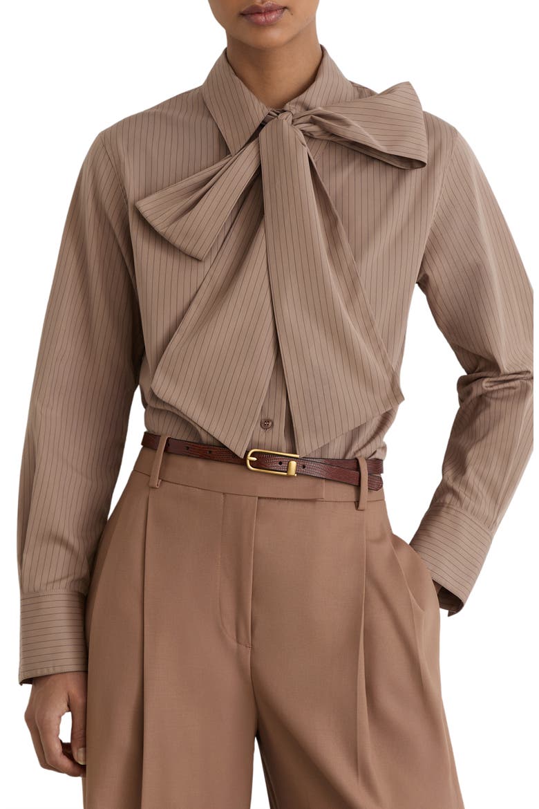 Elowen Pinstripe Tie Neck Shirt, Main, color, MOCHA BROWN