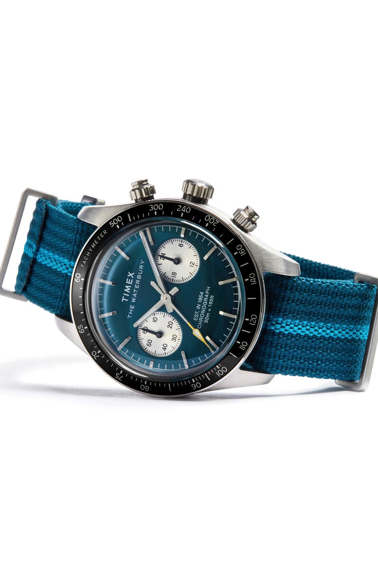 Timex<sup>®</sup> Waterbury Heritage Chronograph Webbing Strap Watch, 39mm, Alternate, color, Blue